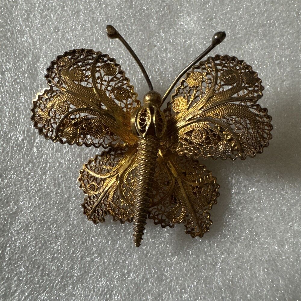 Antique Filigree Gold Tone 1.5” Butterfly Brooch